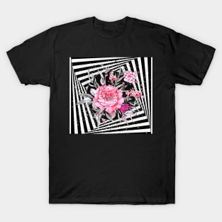 Pink Flowers ,Silver Leaves in Black and White Illusion T-Shirt